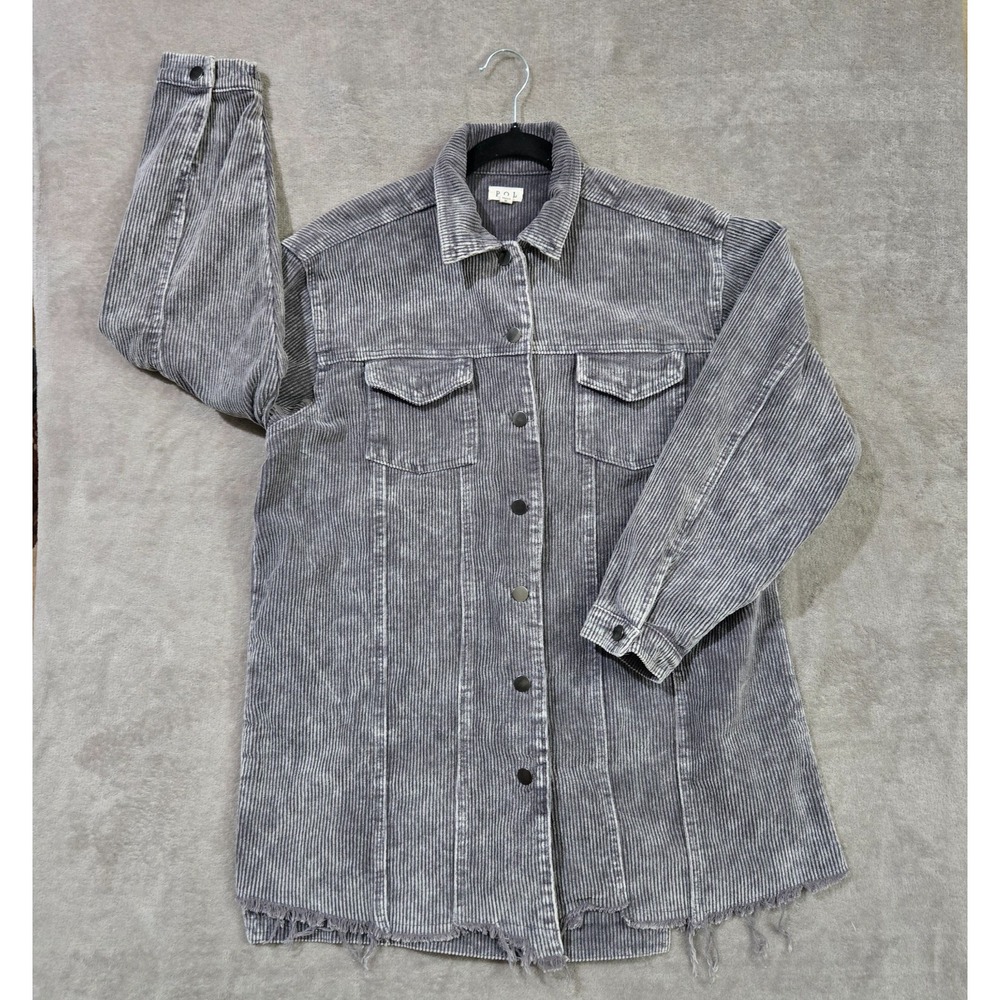 POL Corduroy Shacket Small Gray Acid Wash Raw Hem Oversized Button Up Boho